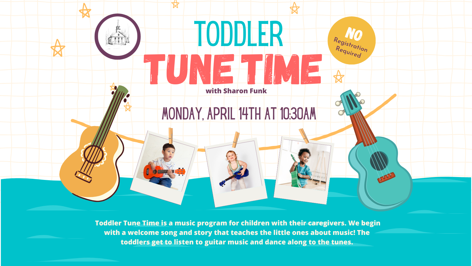 Blue and white flyer with toddlers playing small instruments. It reads Toddler Tune Time Tuesday January 14th at 10:30 AM