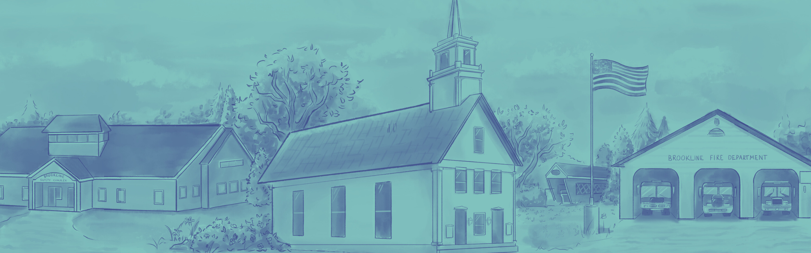 library banner image - watercolor-like illustration depicting different town departments